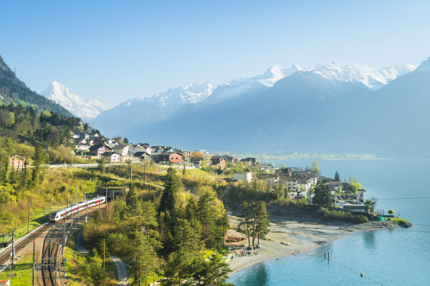 The regular commuter trains in Switzerland afford admirable views.