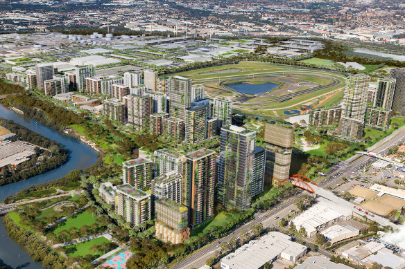 The government’s vision for Camellia-Rosehill, as revealed in the artist’s impression in its November 2022 “place strategy”.