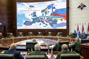 In this photo released by the Russian Defense Ministry Press Service on Wednesday, Aug. 9, 2023, Russian Defense Minister Sergei Shoigu, background third right, leads a meeting of the Collegium of the Russian Defense Ministry at the National Defense Control Center in Moscow, Russia.