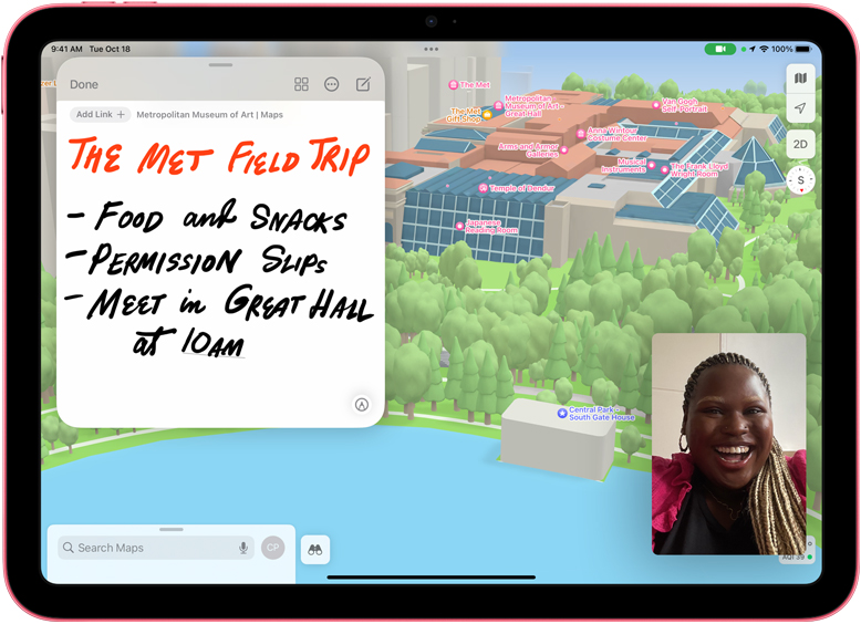 QuickNote in Maps with a FaceTime thumbnail on iPad.