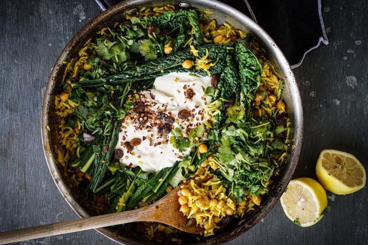 Warm chickpea and rice one-pot wonderÃÂÃÂ with yoghurt and greens. Six ingredient recipes for Good Food April-May 2020. Please credit Katrina Meynink. Good Food use only.