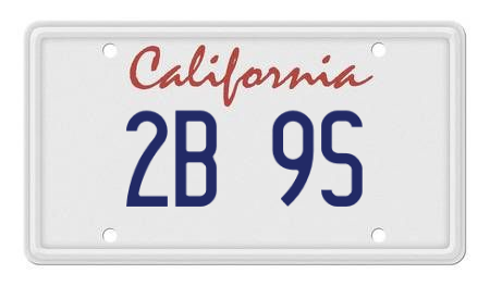 a california license plate with the text "2B 9S"