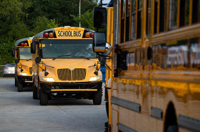 Buses for Jefferson County Public Schools on the first day of school last week in Louisville, Ky.