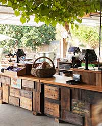 Grocery, bench, plants, outside.