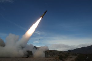 In this image provided by the U.S. Army, soldiers, from the 3rd Battalion, 321st Field Artillery Regiment of the 18th Field Artillery Brigade out of Fort Bragg N.C., conduct live fire testing at White Sands Missile Range, N.M., on Dec. 14, 2021, of early versions of the Army Tactical Missile System