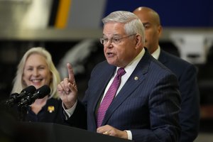 U.S. Sen. Bob Menendez, D-N.J., speaks ahead of President Joe Biden's arrival during a news conference at the construction site of the Hudson Tunnel Project