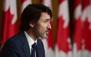 Justin Trudeau holds a press conference in Ottawa on Tuesday, April 27, 2021, during the COVID-19 pandemic