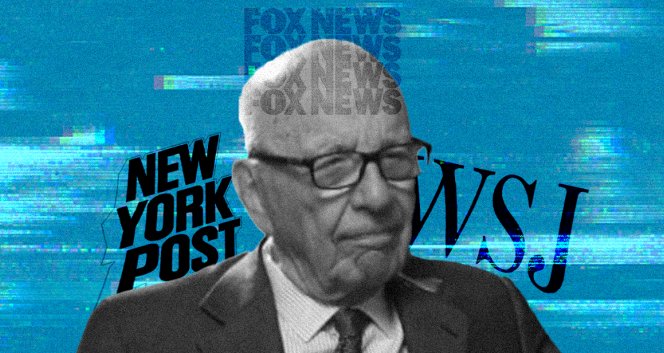 Rupert Murdoch and the logos of his US companies