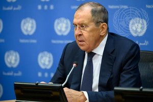 Sergey V. Lavrov, Minister for Foreign Affairs of the Russian Federation, briefs reporters at UN Headquarters during the general debate of the General Assembly’s seventy-eighth session.