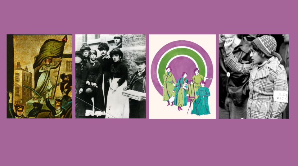 Image of - left to right: Mary Fildes on detail from Peterloo commemorative glass, date unknown, photograph of match girls, 1888, illustration of Sylvia Pankhurst by artist Halah El Kholy, 2019, and photograph of Jayaben Desai, date and copyright unknown. All images courtesy of People's History Museum.