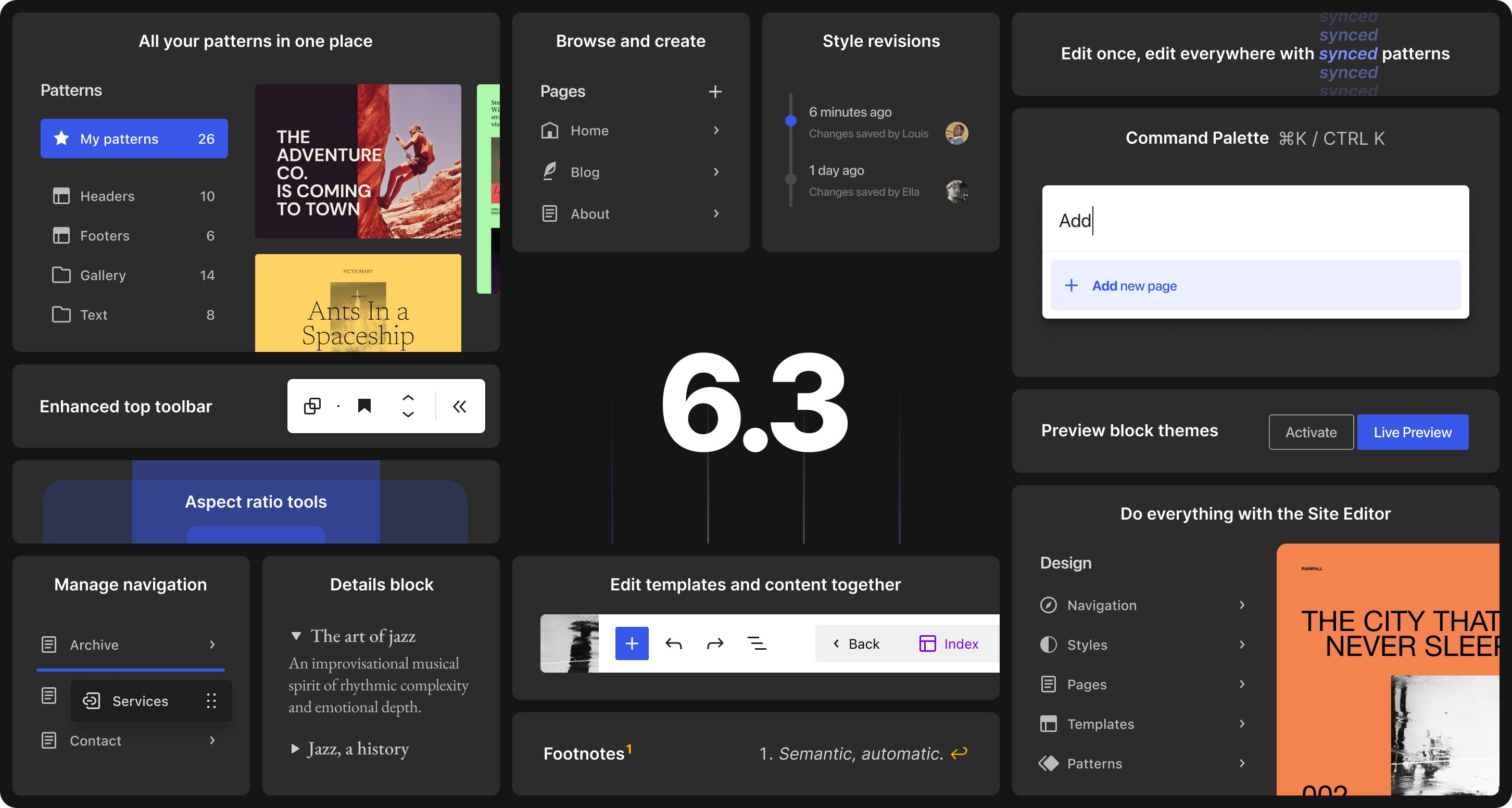 A visual grid of new features in the WordPress 6.3 release. In the middle of the image is a black background with white text that reads: 6.3