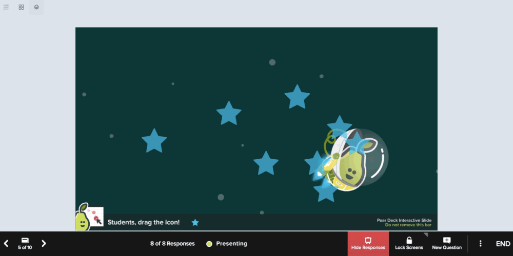 A Pear Deck draggable slide is seen with multiple students moving a star icon on screen while a teacher presents.