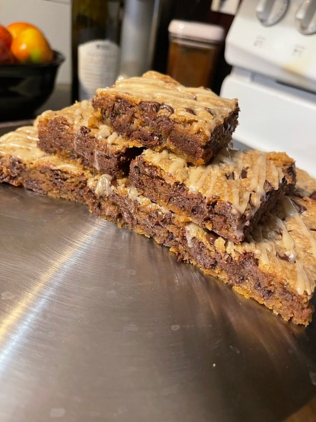 A few of the blondies stacked pyramid style to reveal the under baked centers. 