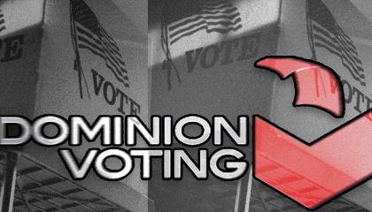 The Dominion Voting Systems logo is placed atop a voting booth