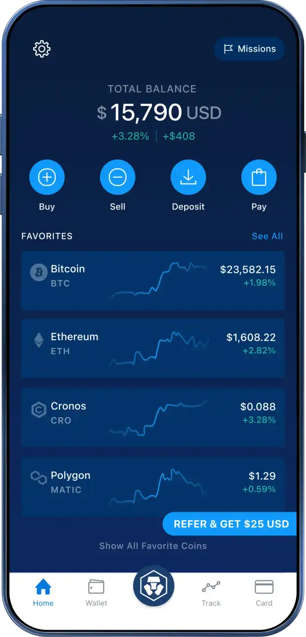 The Crypto.com App with various coin values on the wallet page