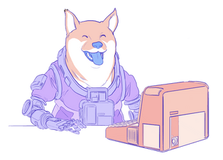 Illustration of a doge using a computer.