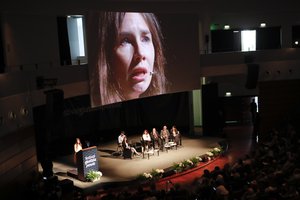 Amanda Knox speaks at a Criminal Justice Festival at the University of Modena, Italy