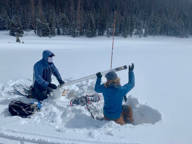 Two people wearing blue hooded parkas, waist deep in snow, manipulate tubes holding snow samples. equipment lies on the snow surface near them and in the background a line of dark trees