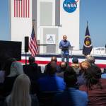 NASA Administrator Bill Nelson delivers the 2022 State of NASA address on March 28, 2022, from the agency’s Kennedy Space Center in Florida. 