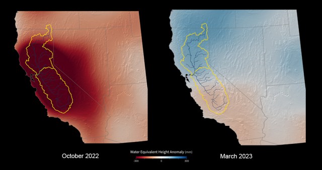 Thanks to a wet winter, California saw tremendous gains in the amount of water in the San Joaquin, Sacramento, and Tulare river basins (outlined in yellow) from October 2022 to March 2023, GRACE-FO data shows.