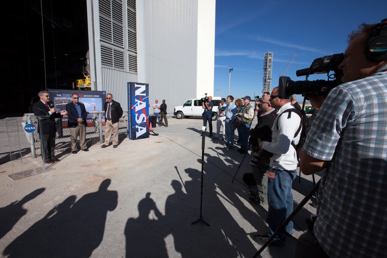 Members of the news media interview Kennedy Space Center Director Bob Cabana after touring the Vehicle Assembly Building on Feb. 17, 2017.