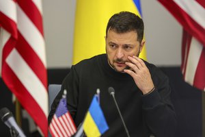 Ukraine's President Volodymyr Zelenskyy addresses the Ukraine Defense Contact Group during a meeting of NATO defense ministers at NATO headquarters in Brussels, Wednesday, Oct. 11, 2023. Ukraine's President Volodymyr Zelenskyy has arrived at NATO for meetings with alliance defense ministers to further drum up support for Ukraine's fight against Russia.