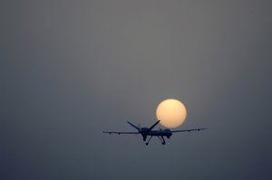 An MQ-9 Reaper drone remotely piloted aircraft takes off from Joint Base Balad, Iraq