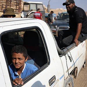 Palestinians flee the Bedouin village of Ein Rashash, east of Ramallah, in the West Bank, on October 18 2023, following ongoing attacks by Israeli settlers from a nearby illegal outpost. OREN ZIV