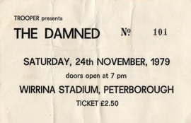 The Damned ticket for Wirrina Stadium in Peterborough, 1979