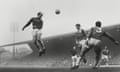 Sport<br>Mandatory Credit: Photo by Colorsport/REX/Shutterstock (3161777a) Football - / 1965 First Division - Liverpool 0 Manchester United 2 United's Bobby Charlton jumps above the Liverpool defence with a powerful header at Anfield Liverpool 0 Man Utd 2 Sport