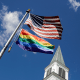 A Pride flag outside the Asbury United Methodist Church in Prairie Village, Kan., on April 19, 2019.