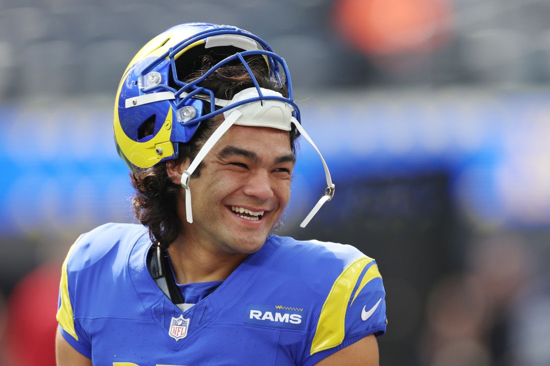 Puka Nacua #17 of the Los Angeles Rams reacts before the game against the Arizona Cardinals at SoFi Stadium on October 15, 2023 in Inglewood, California.