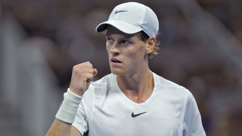 Jannik Sinner of Italy gestures after scoring a point against Carlos Alcaraz of Spain during the men's singles semifinal match in the China Open tennis tournament at the Diamond Court in Beijing, Tuesday, Oct. 3, 2023. (AP Photo/Andy Wong)