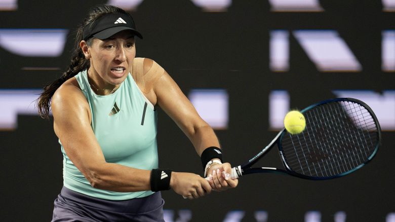 Oct 31, 2023; Cancun, Mexico; Jessica Pegula (USA) returns a shot during her match against Aryna Sabalenka on day three of the GNP Saguaros WTA Finals Cancun. Mandatory Credit: Susan Mullane-USA TODAY Sports