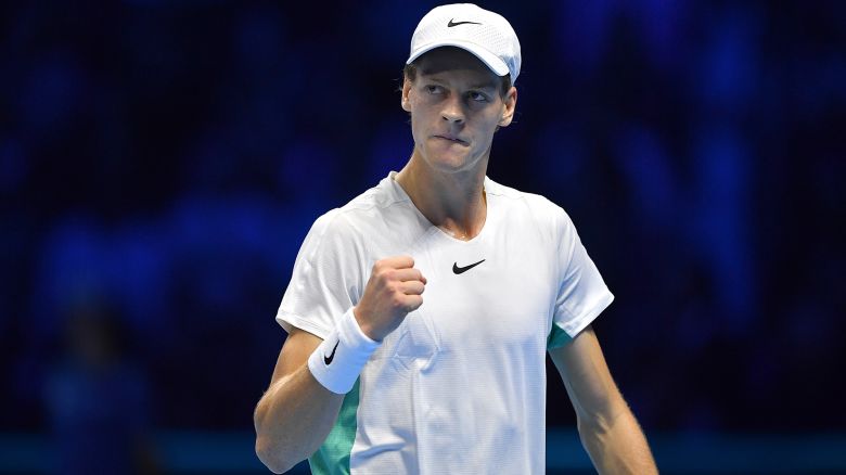 TURIN, ITALY - NOVEMBER 14:  Jannik Sinner of Italy celebrates a point against Novak Djokovic of Serbia in the Men's Singles Round Robin match on day three of the Nitto ATP Finals at Pala Alpitour on November 14, 2023 in Turin, Italy.  (Photo by Valerio Pennicino/Getty Images)