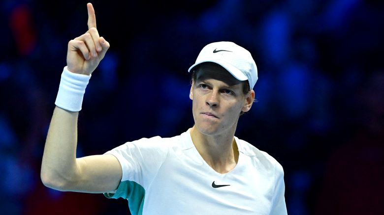 Italy's Jannik Sinner celebrates after winning against Denmark's Holger Rune during their first round-robin match at the ATP Finals tennis tournament in Turin on November 16, 2023. (Photo by Tiziana FABI / AFP) (Photo by TIZIANA FABI/AFP via Getty Images)