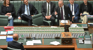 Anthony Albanese berates Peter Dutton in Parliament yesterday (Image: AAP/Mick Tsikas)