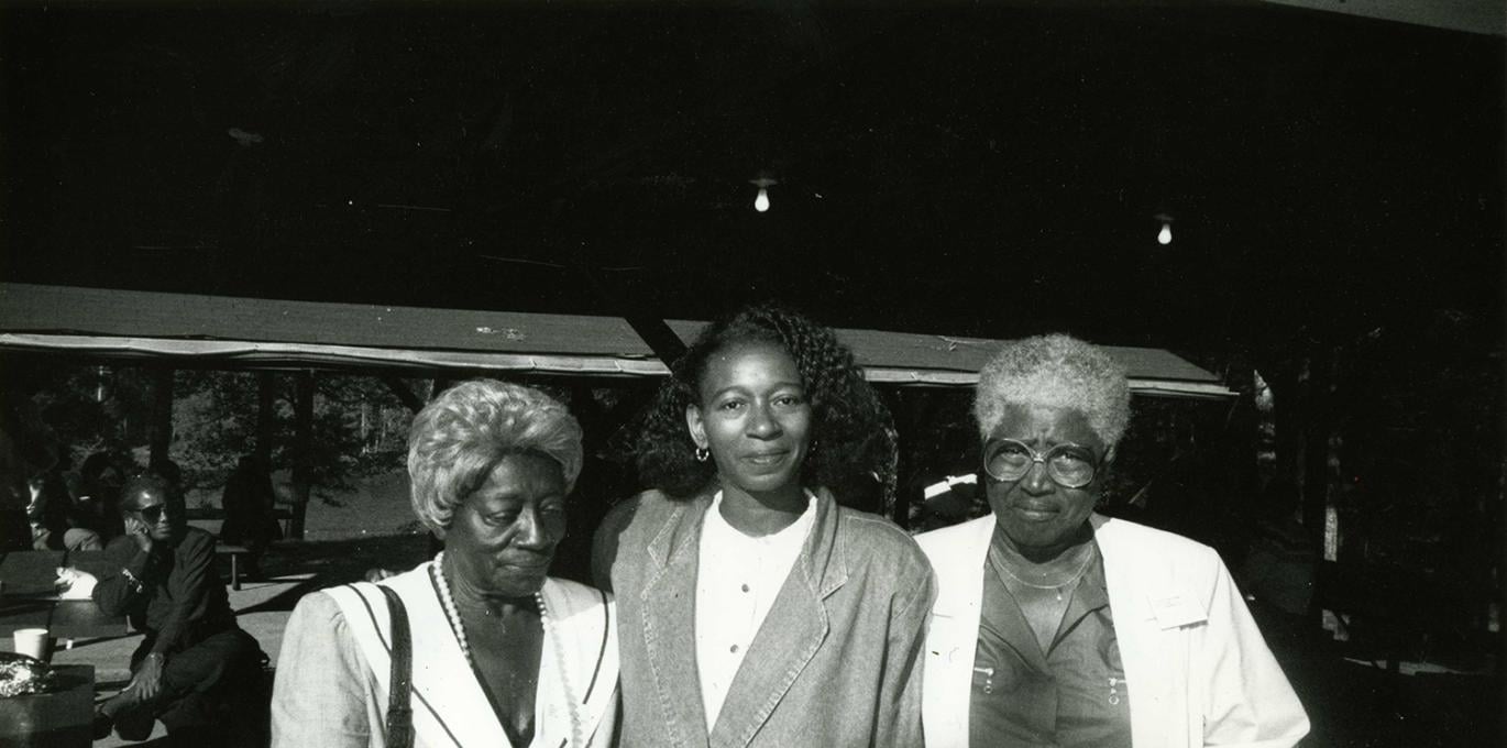 Margaret Carey standing with Victoria Gray Adams and unknown third woman, Oct 1998