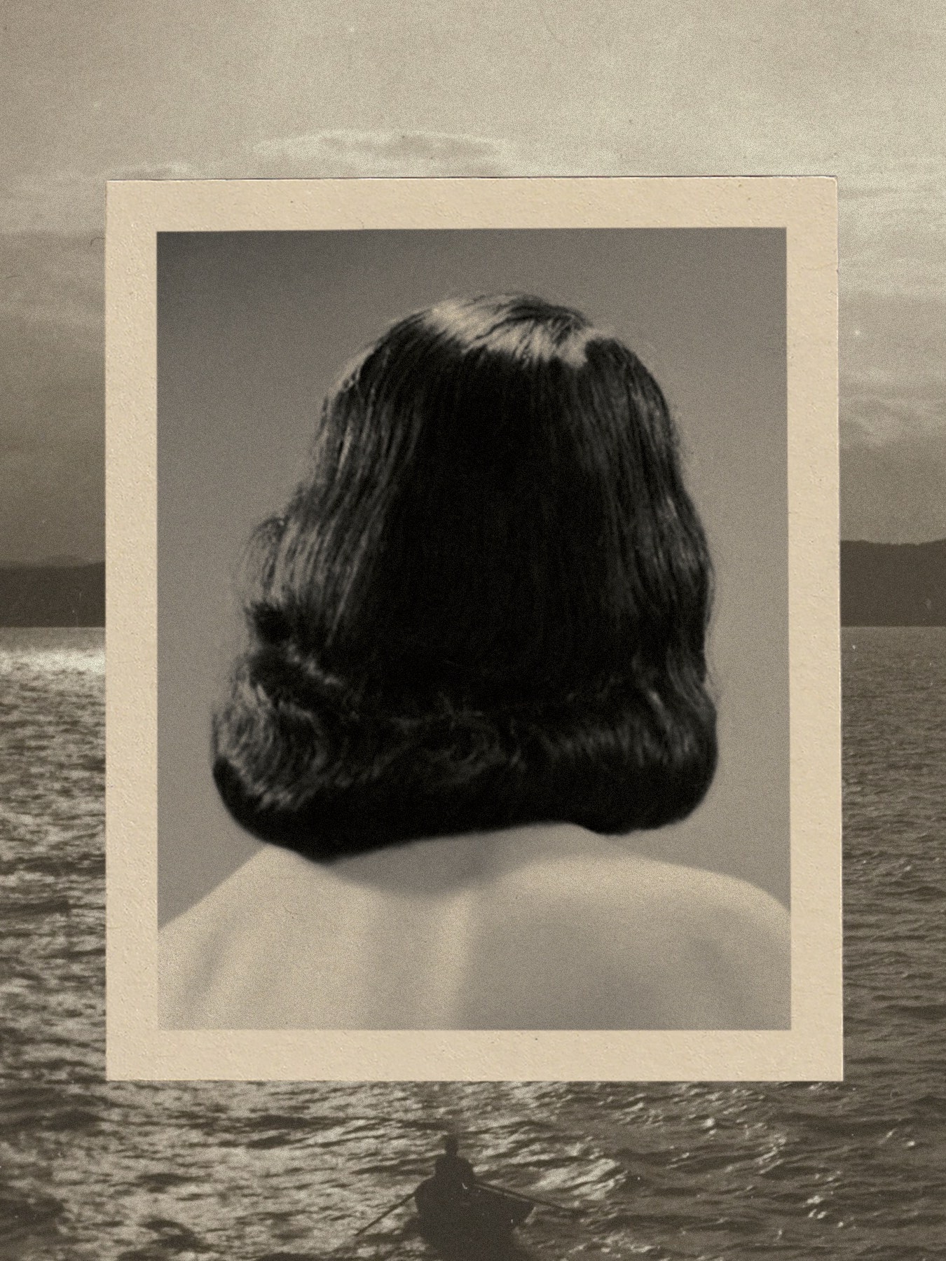 A photo of the back of a woman's head atop a photo of water.