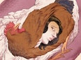 Illustration of a woman peeking out from under a chicken’s wing. The chicken is inside a goose, which is inside a pig.