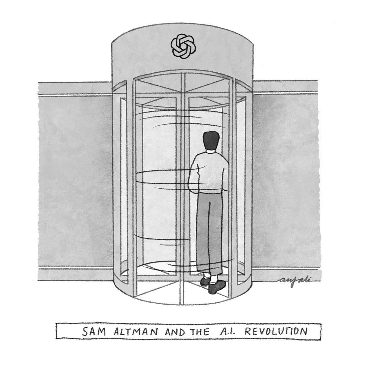 Sam Altman walking through a revolving door that has the OpenAI logo on it. The caption reads “SAM ALTMAN AND THE A.I....