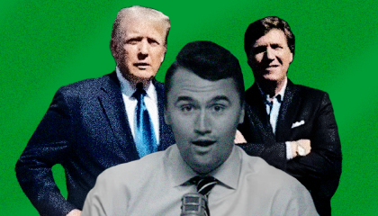 A color image of Donald Trump and Tucker Carlson together against a green background, with a black-and-white image of Charlie Kirk feigning a gasp in a facial expression similar to what is sometimes called "soy face"