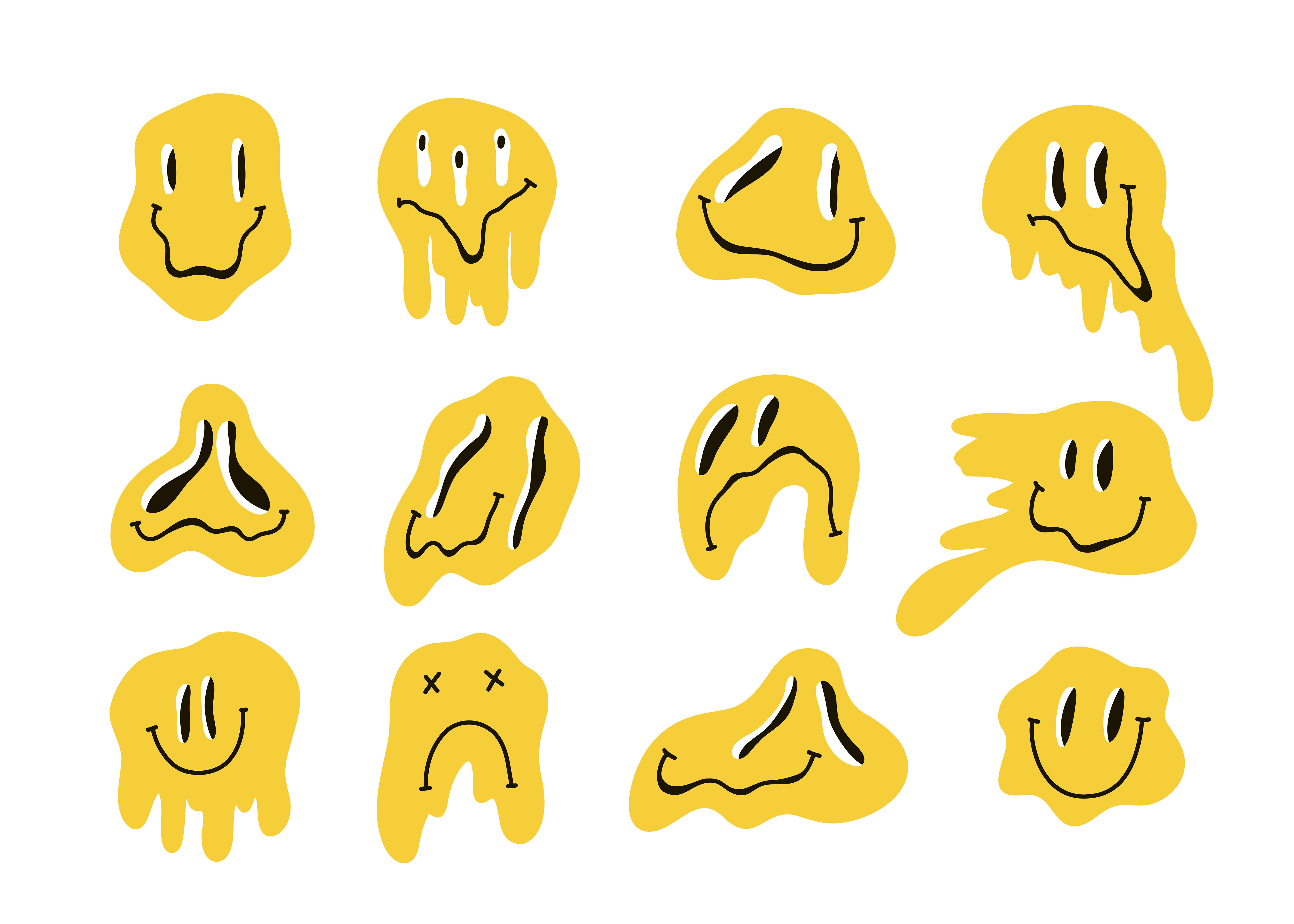 An illustration of 12 yellow emoticons melting. Some have smiles, some are frowning.