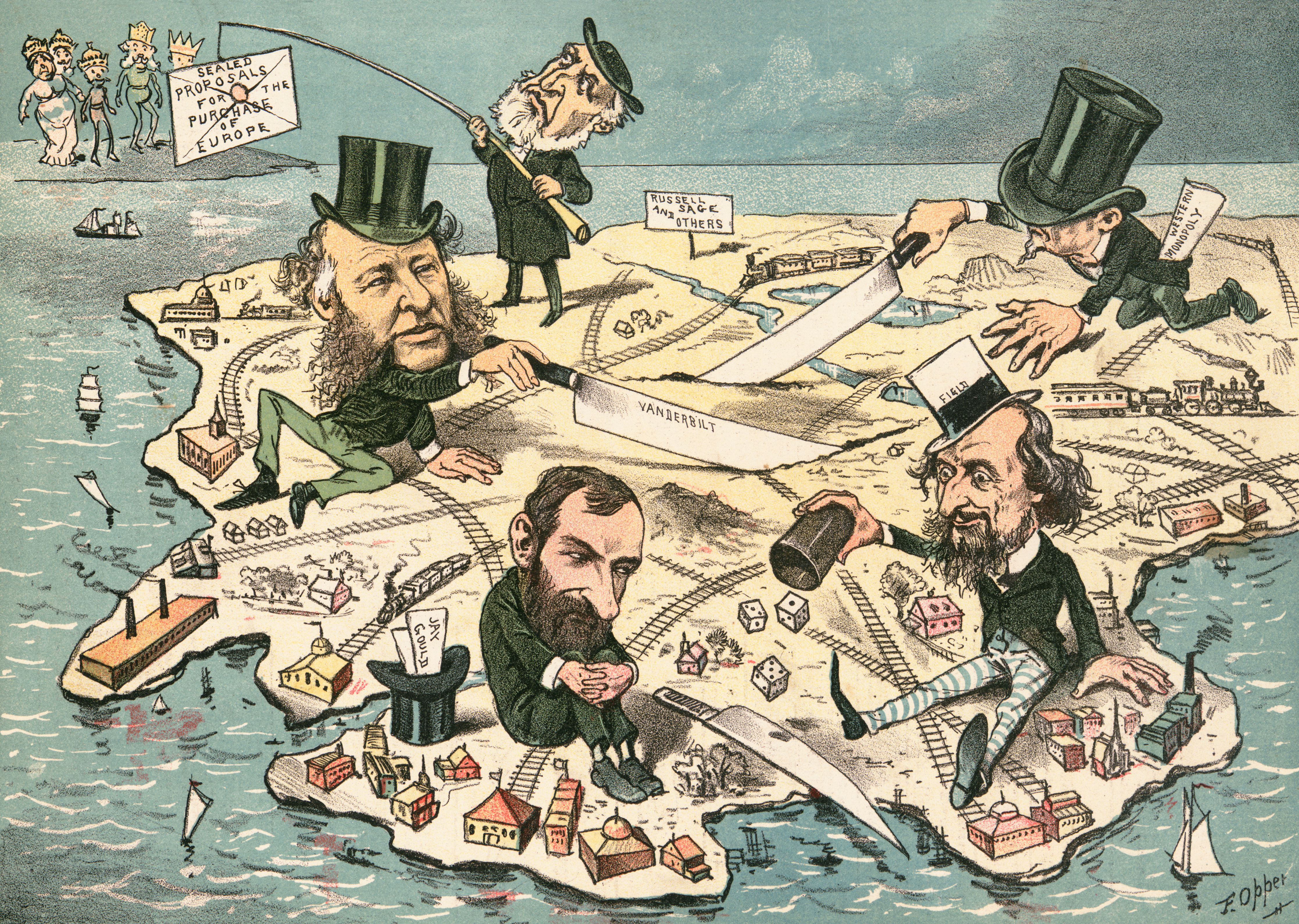 A caricature-style lithograph from 1882 shows Gilded Age tycoons in top hats with knives carving up the North American continent, covered in railroads. Across the ocean, European royalty look on.