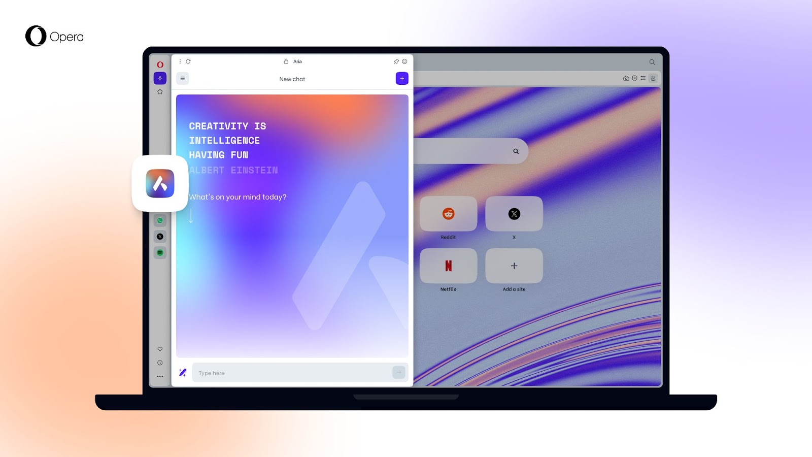 A laptop screen shows the newly upgraded Aria, Opera's native browser AI.