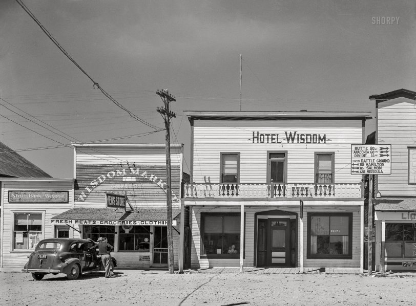 August 1942. "Big Hole Valley, Beaverhead County, Montana. Buildings on the main street of Wisdom, Montana, trading center for the Big Hole Valley. This is cattle country." Acetate negative by Russell Lee for the Office of War Information. View full size.