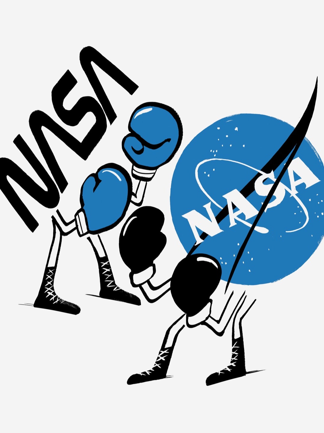 Nasa logos with arms and legs boxing each other.