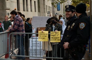 Protest outside Columbia Univeristy after the suspension of SJP and JVP. (Photo: X)