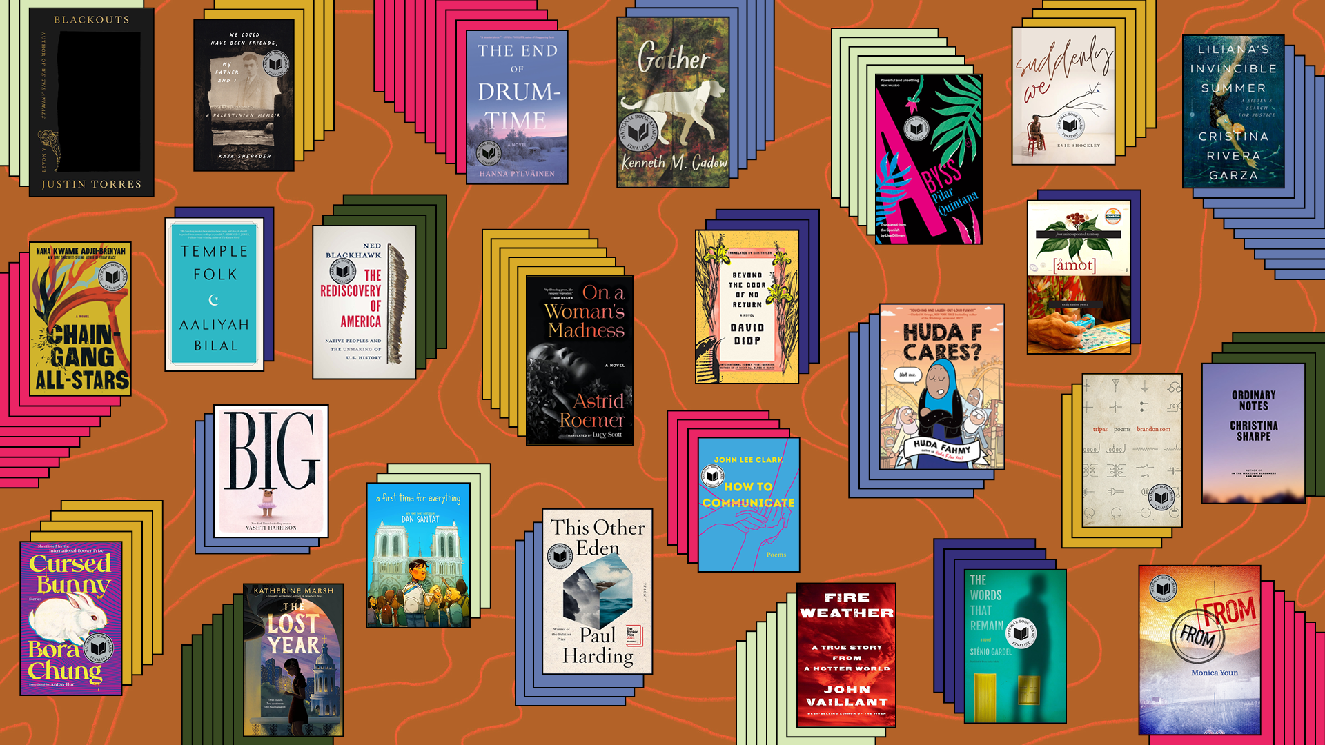 An illustrated compilation of 25 books that are finalists for the National Book Awards.