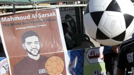 A poster of Palestinian footballer Mahmoud al-Sarsak at a protest tent near Rafah Town in the southern Gaza Strip